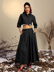 Women Black Poplin Crop Shirt With Pleated Skirt-SFSETS96522