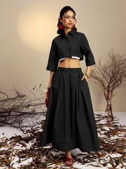 Women Black Poplin Crop Shirt With Pleated Skirt-SFSETS96522
