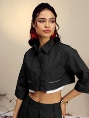 Women Black Poplin Crop Shirt With Pleated Skirt-SFSETS96522