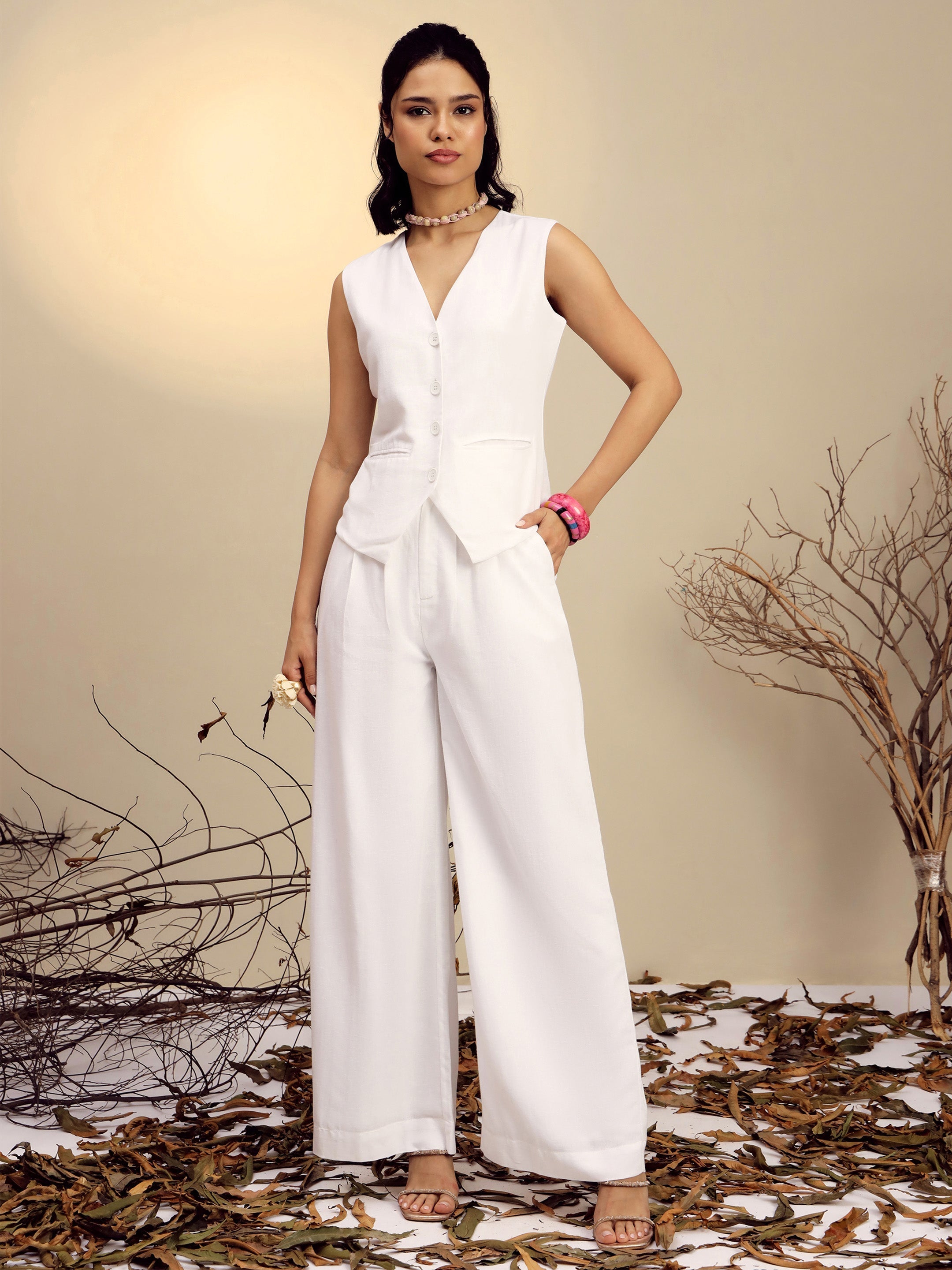 Women White Vest Top With Straight Pants-SFSETS96523