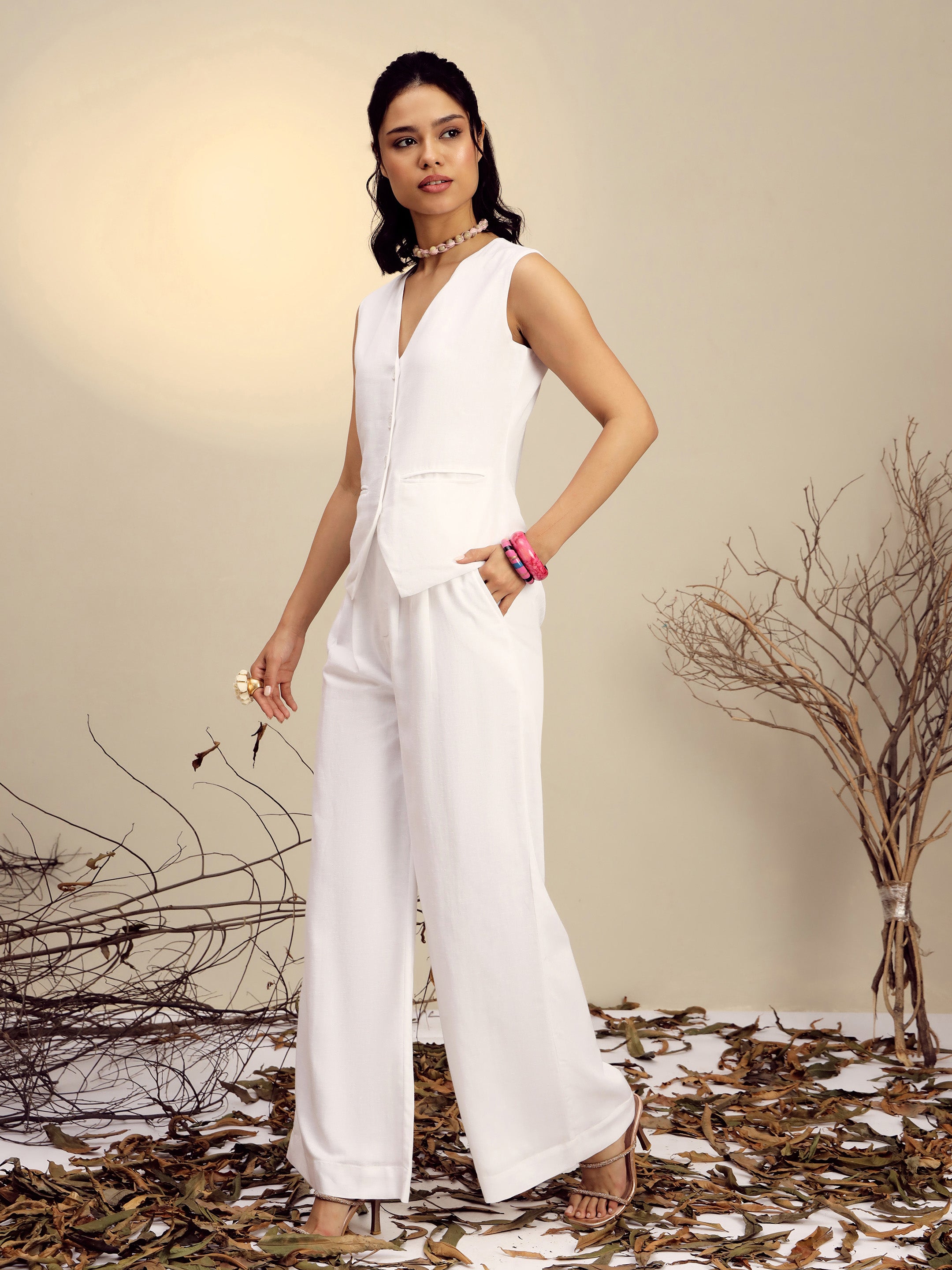 Women White Vest Top With Straight Pants-SFSETS96523