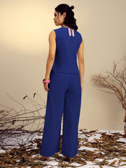 Women Navy Vest Top With Straight Pants-SFSETS96524