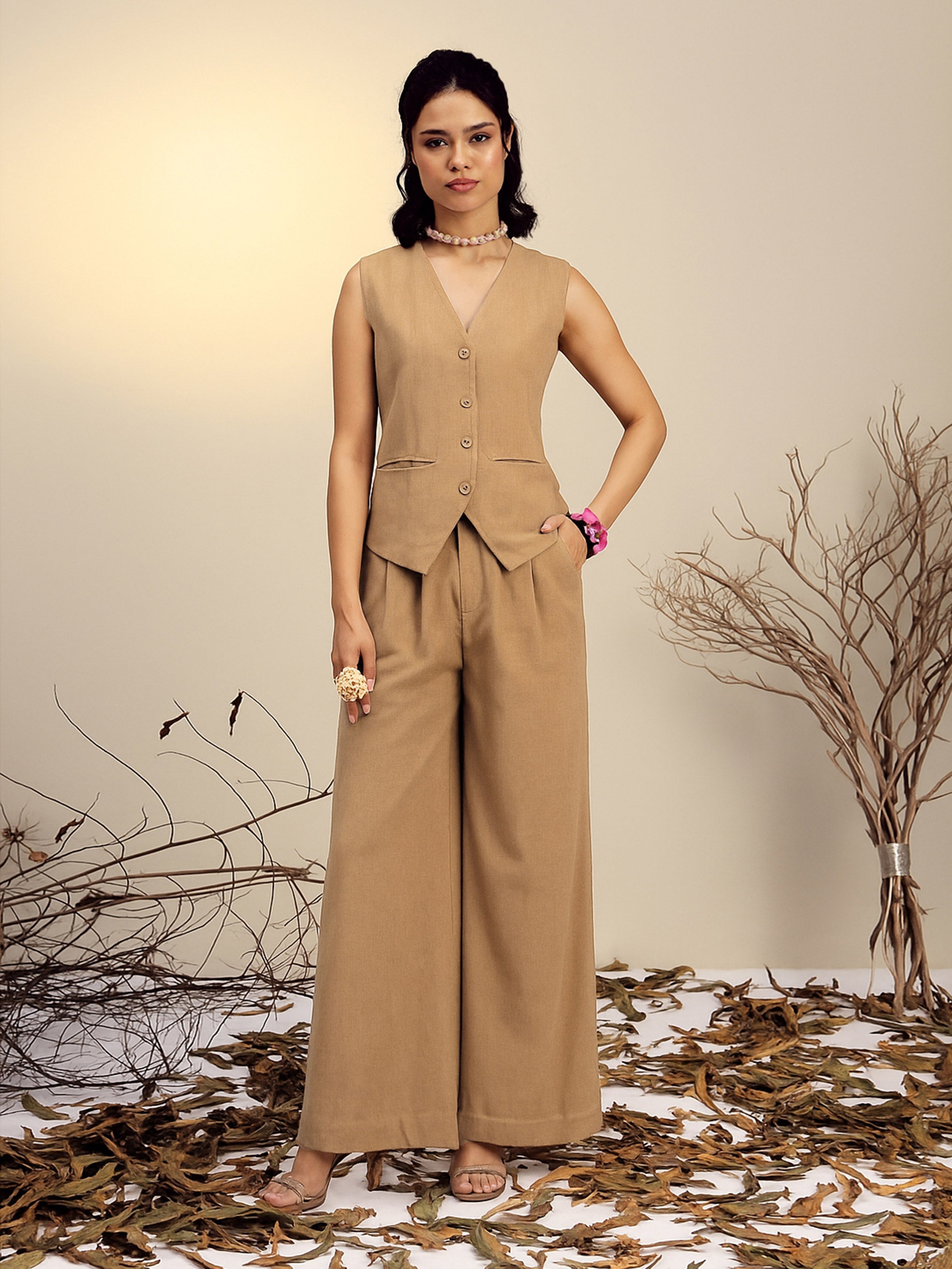 Women Beige Vest Top With Straight Pants-SFSETS96525