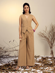 Women Beige Vest Top With Straight Pants-SFSETS96525