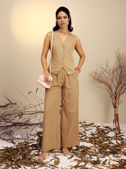 Women Beige Vest Top With Straight Pants-SFSETS96525