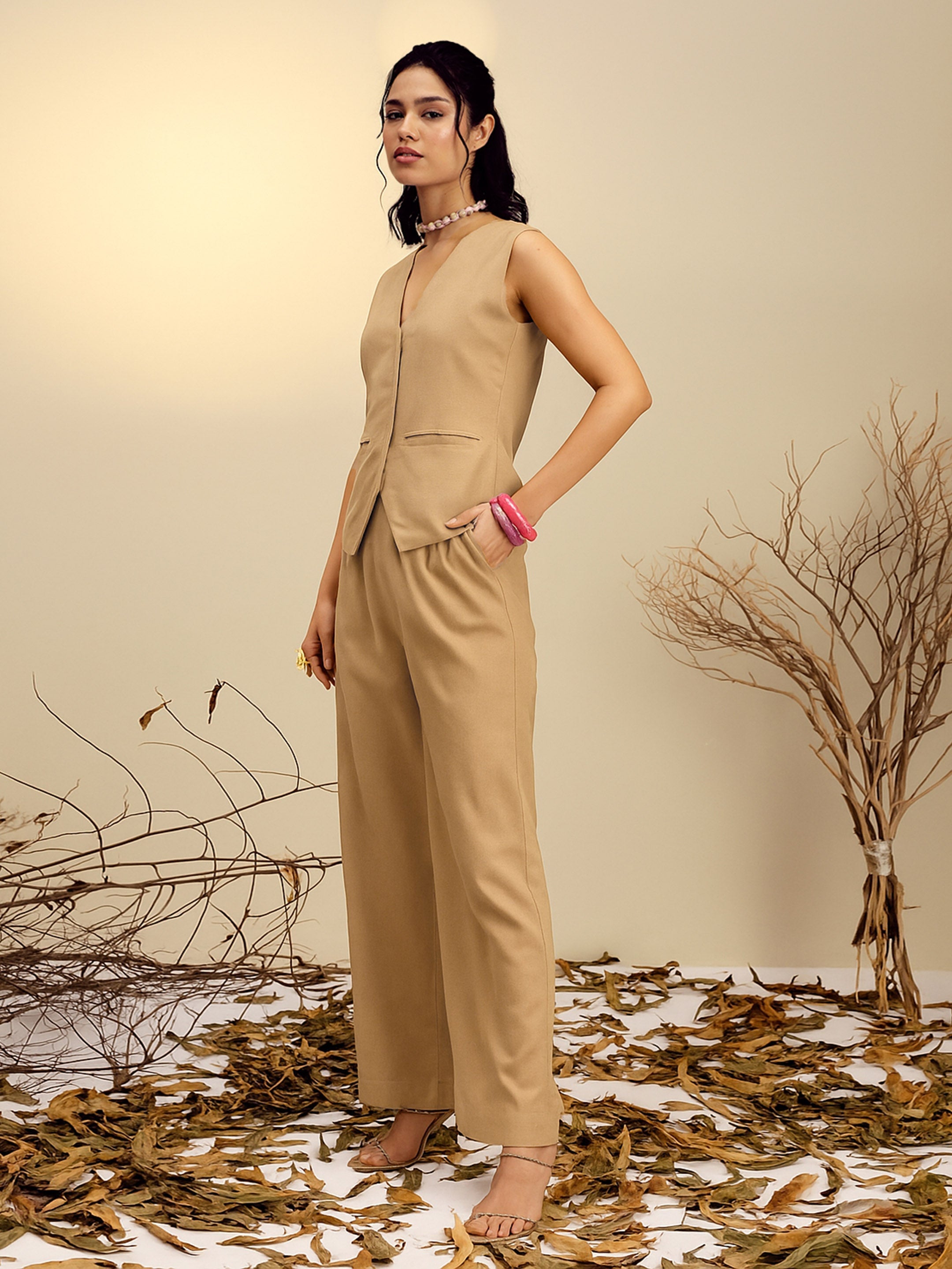 Women Beige Vest Top With Straight Pants-SFSETS96525
