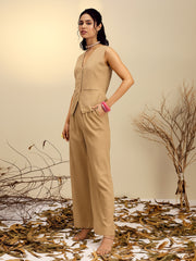 Women Beige Vest Top With Straight Pants-SFSETS96525