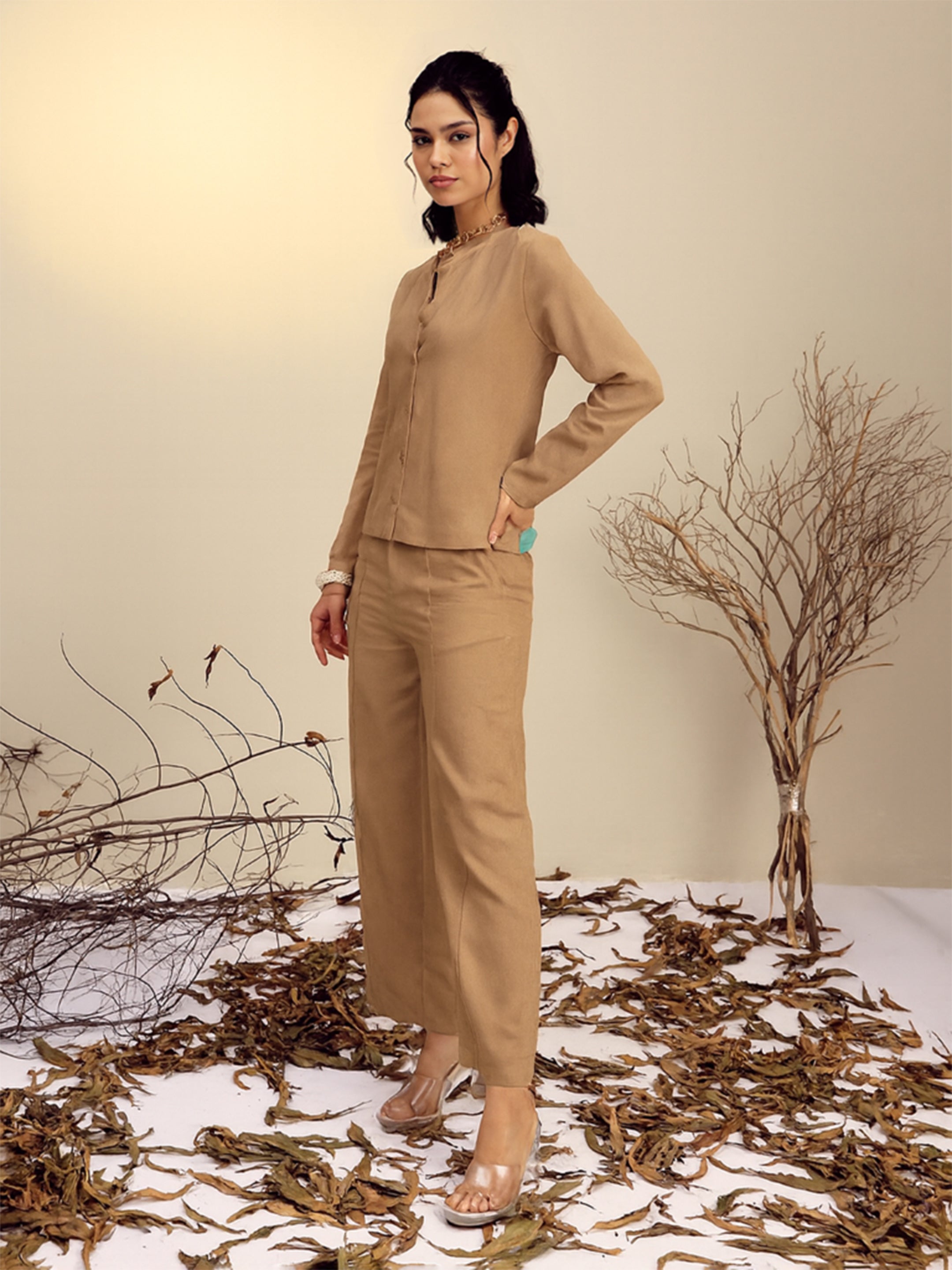 Women Beige Full Sleeves Top With Mom Fit Pants-SFSETS96528
