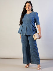 Women Ice Blue Wash Denim Peplum Top With Straight Jeans-SFSETS96561