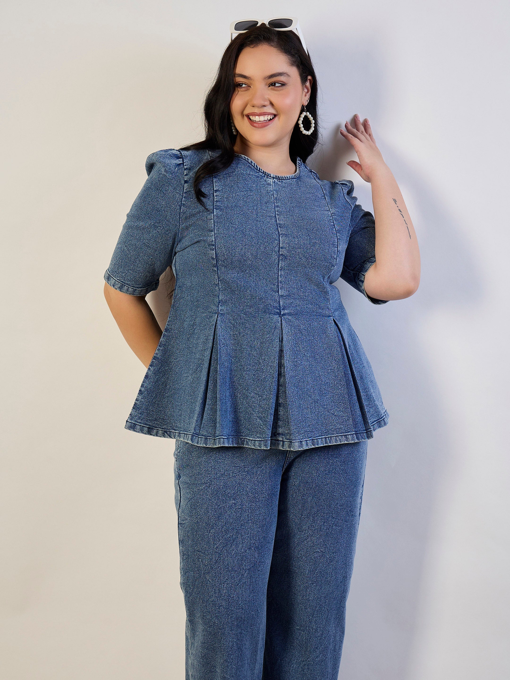 Women Ice Blue Wash Denim Peplum Top With Straight Jeans-SFSETS96561