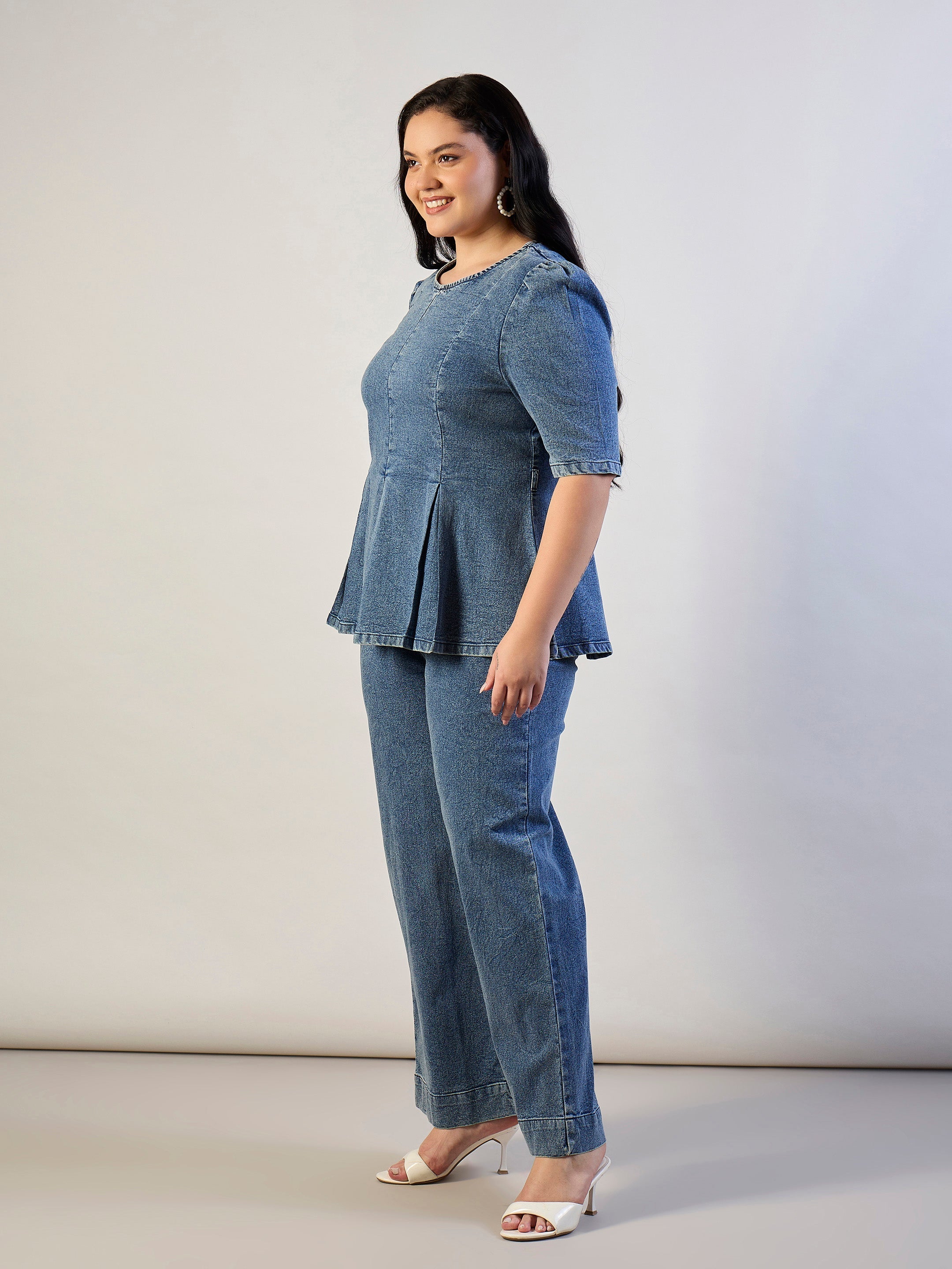 Women Ice Blue Wash Denim Peplum Top With Straight Jeans-SFSETS96561