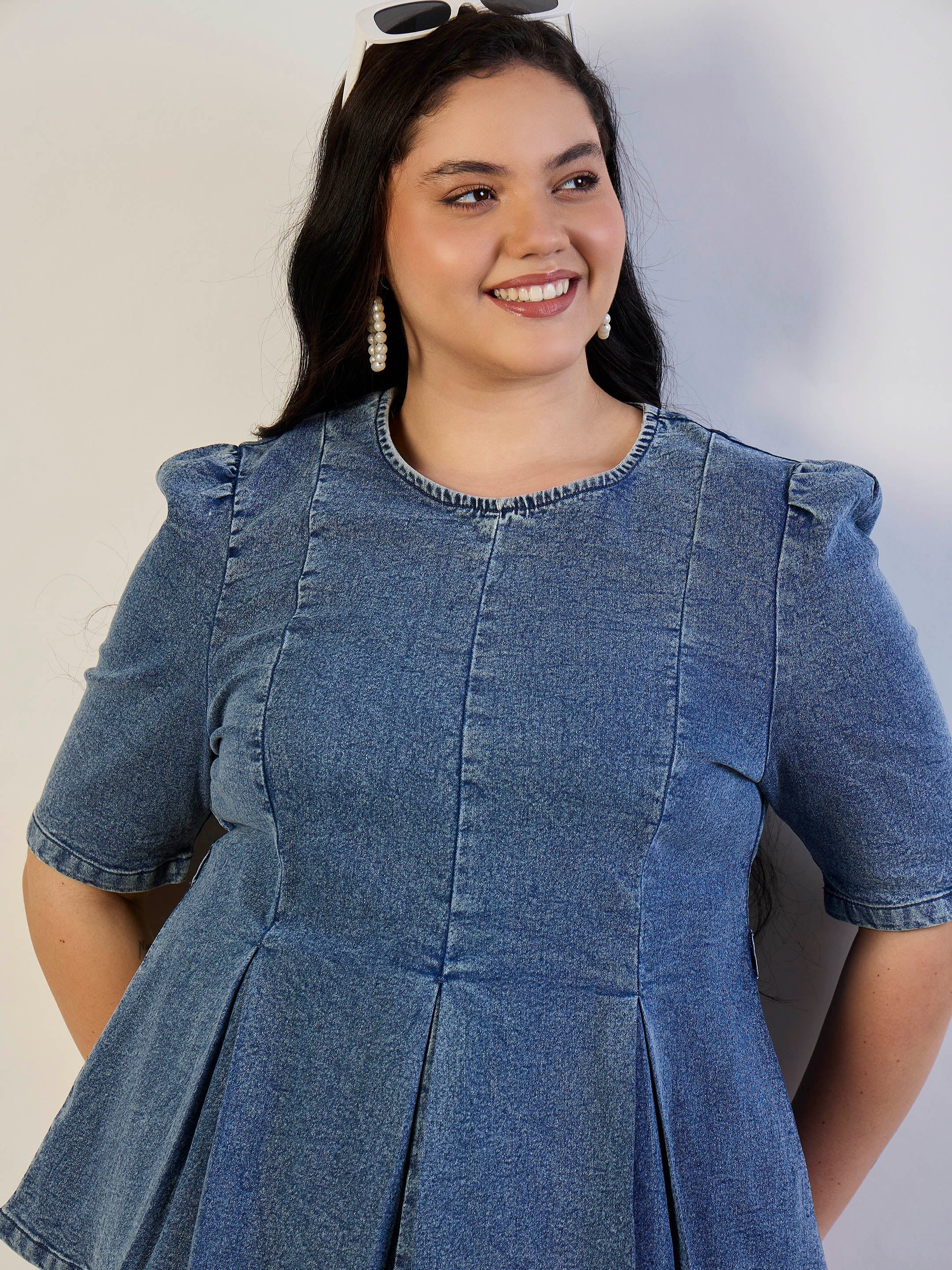 Women Ice Blue Wash Denim Peplum Top With Straight Jeans-SFSETS96561