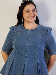 Women Ice Blue Wash Denim Peplum Top With Straight Jeans-SFSETS96561