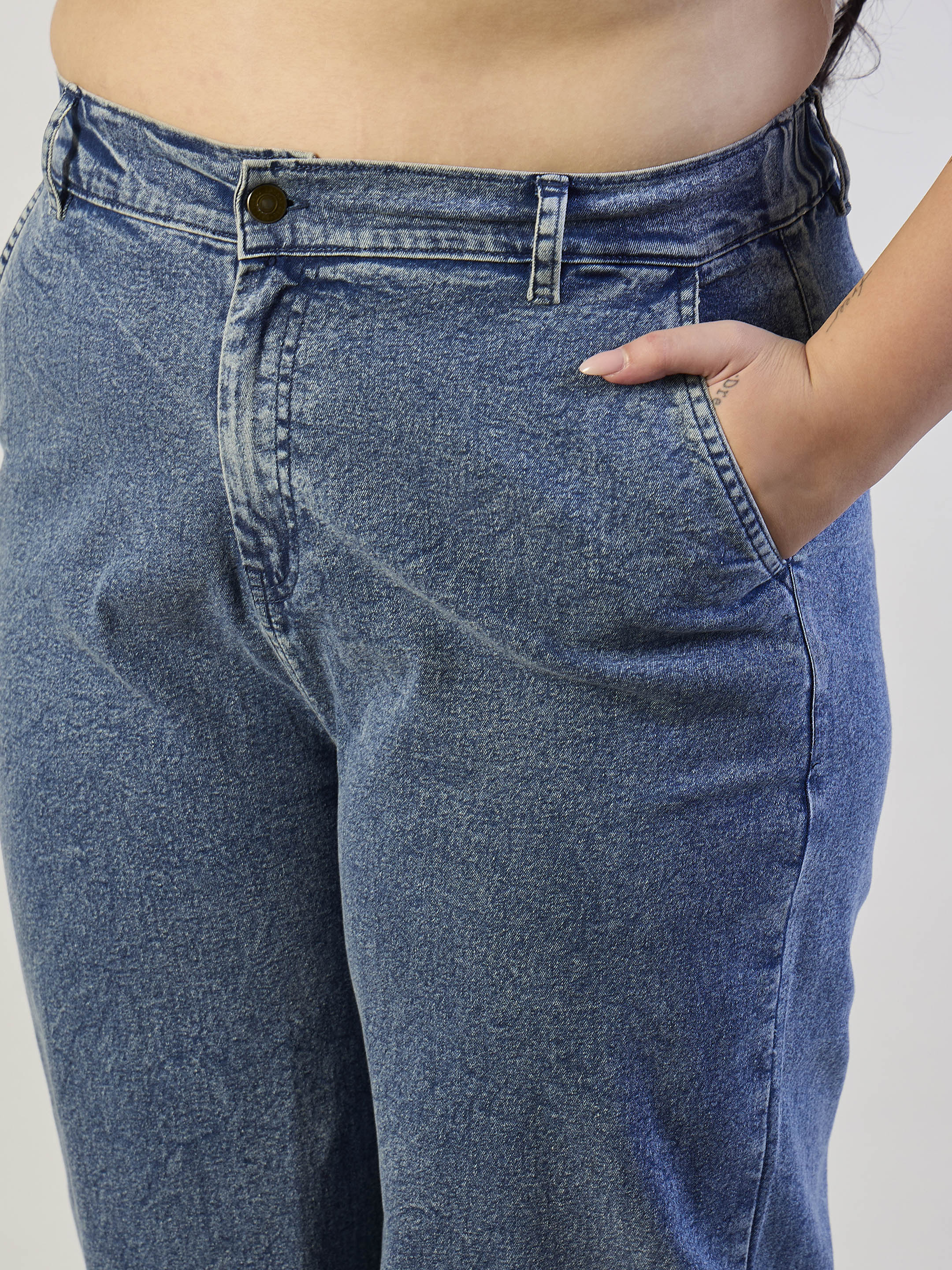 Women Ice Blue Wash Denim Peplum Top With Straight Jeans-SFSETS96561