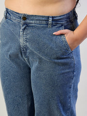 Women Ice Blue Wash Denim Peplum Top With Straight Jeans-SFSETS96561