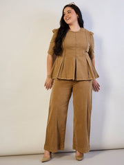 Women Brown Wash Denim Peplum Top With Straight Jeans-SFSETS96562