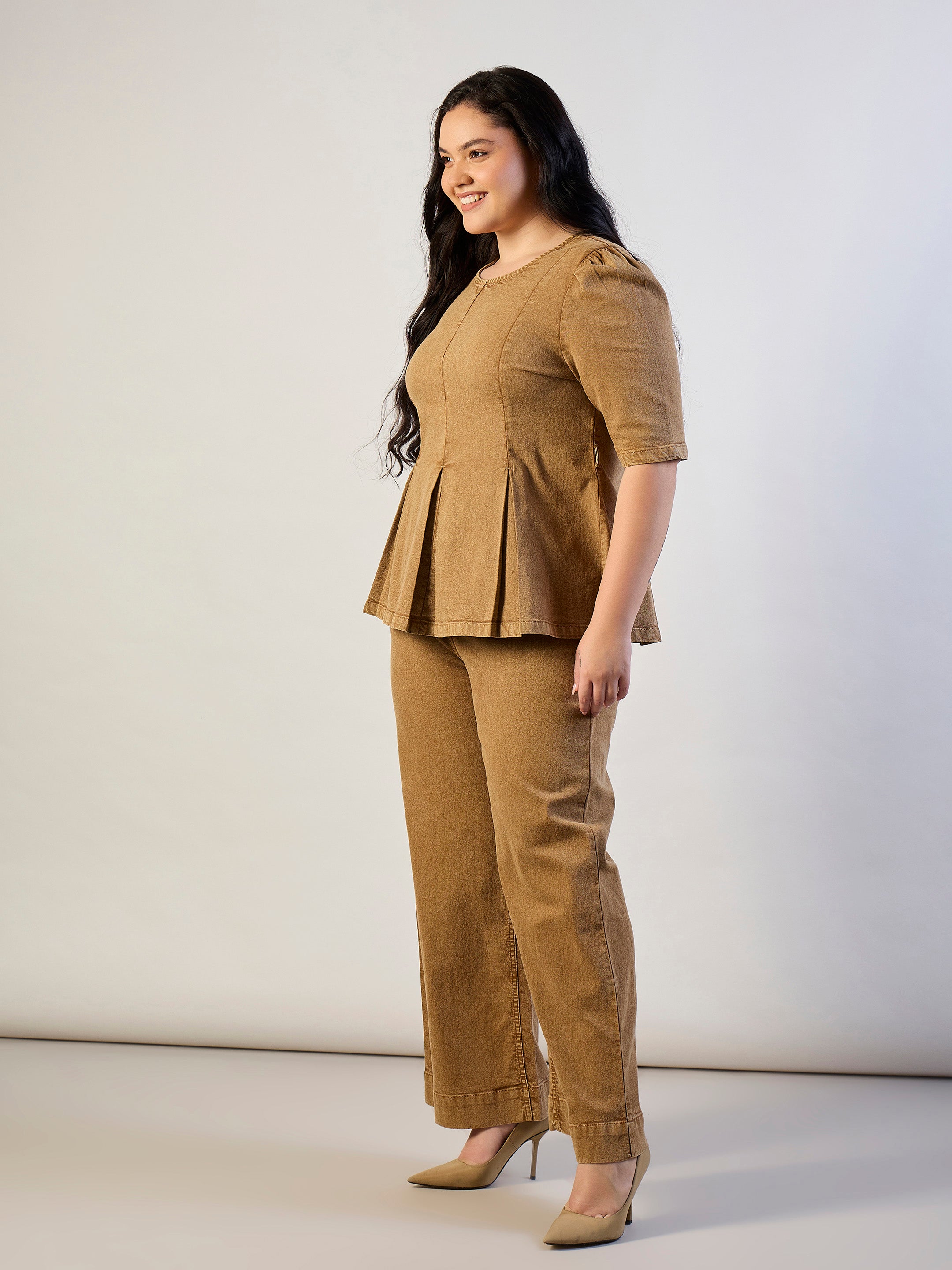 Women Brown Wash Denim Peplum Top With Straight Jeans-SFSETS96562