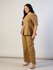 Women Brown Wash Denim Peplum Top With Straight Jeans-SFSETS96562