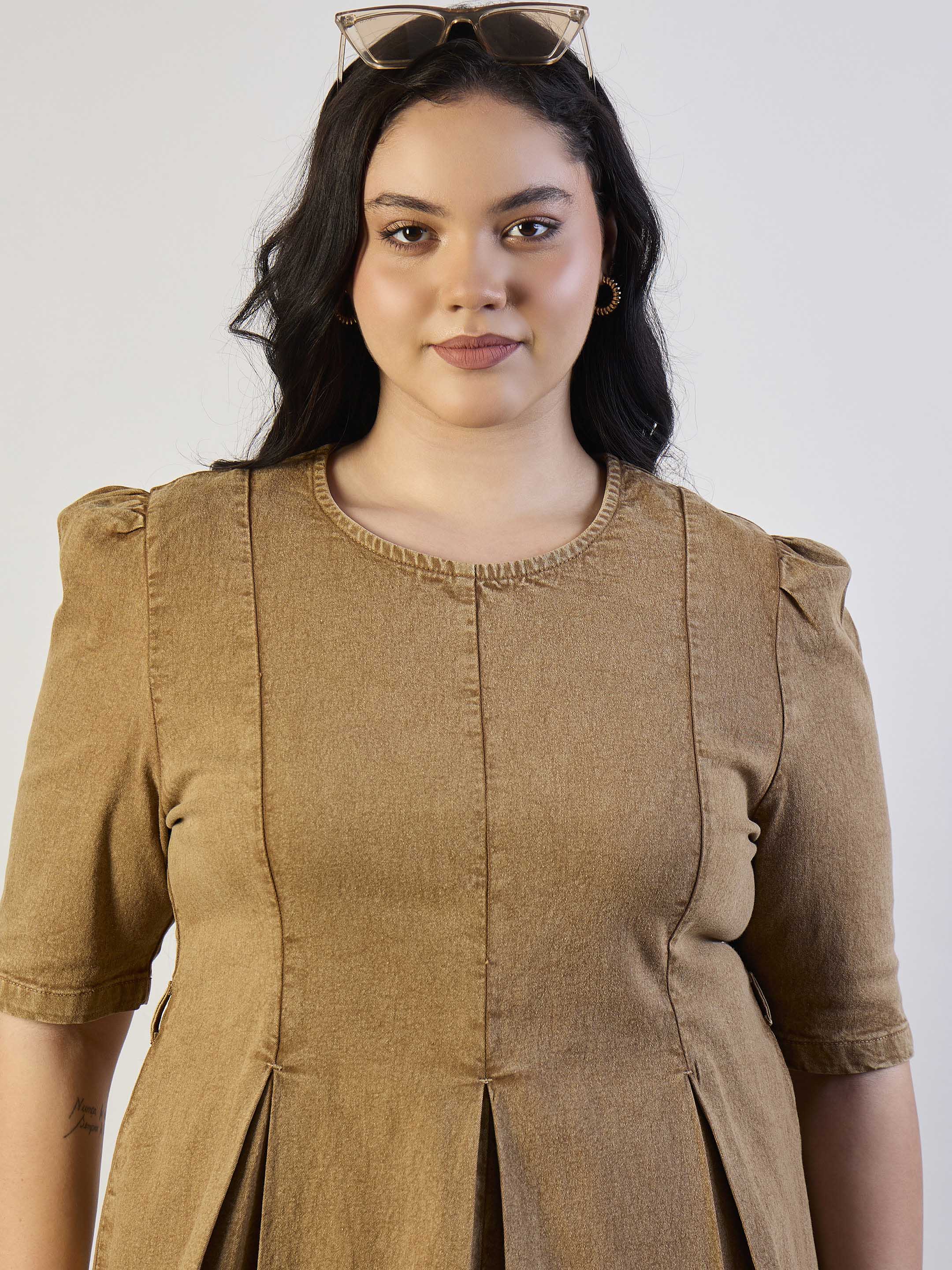 Women Brown Wash Denim Peplum Top With Straight Jeans-SFSETS96562