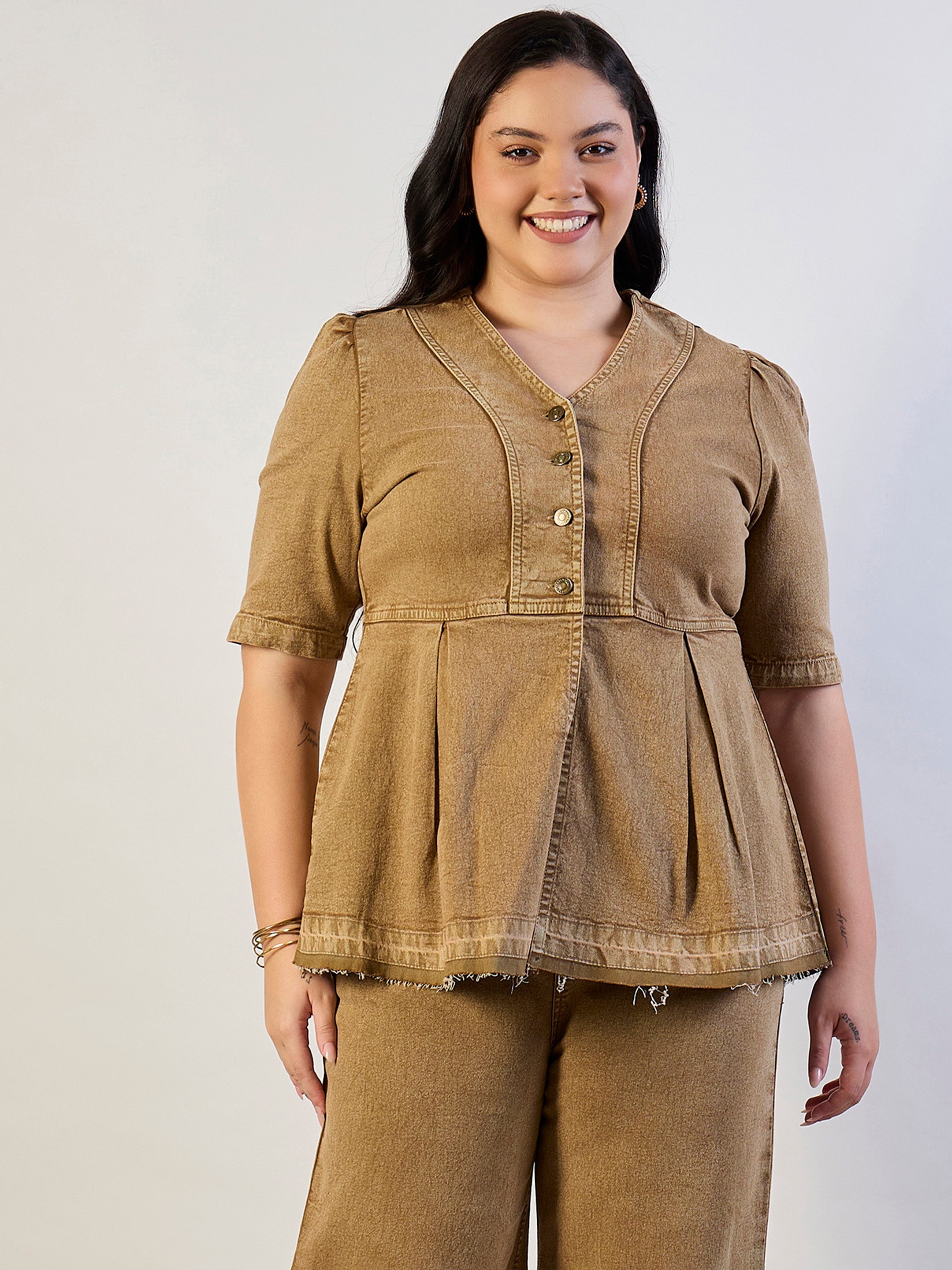 Women Brown Wash Denim Metal Button Top With Jeans-SFSETS96563