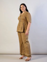 Women Brown Wash Denim Metal Button Top With Jeans-SFSETS96563