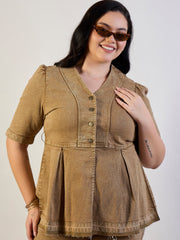 Women Brown Wash Denim Metal Button Top With Jeans-SFSETS96563