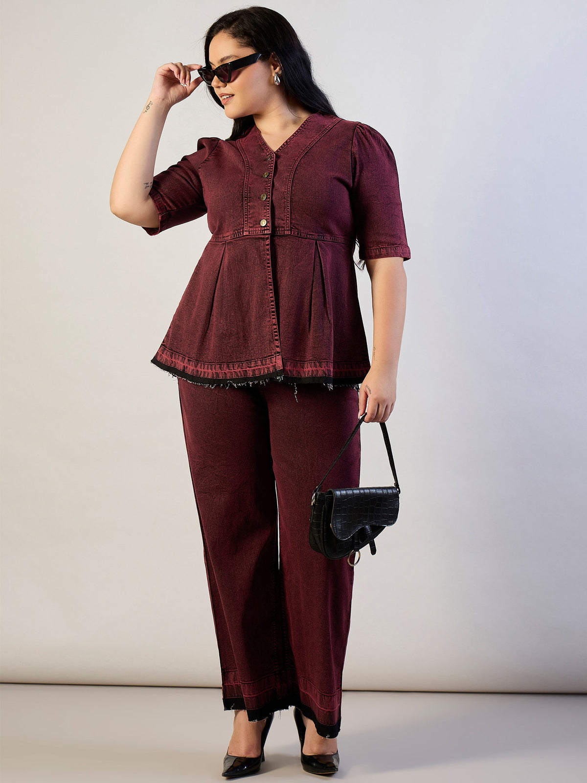 Women Red Wash Denim Metal Button Top With Jeans-SFSETS96564