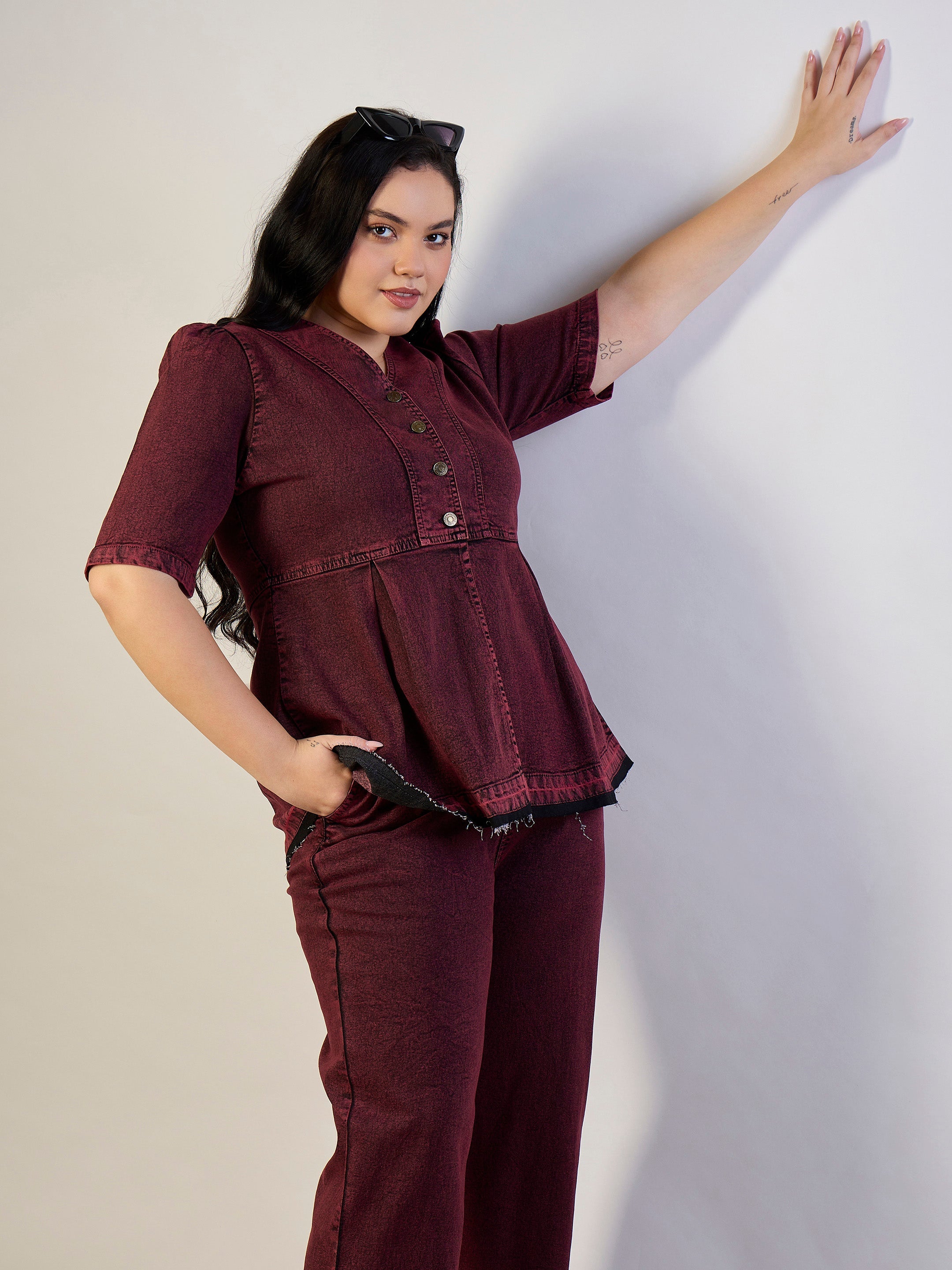 Women Red Wash Denim Metal Button Top With Jeans-SFSETS96564