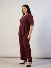 Women Red Wash Denim Metal Button Top With Jeans-SFSETS96564