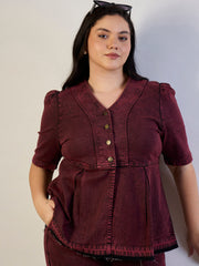Women Red Wash Denim Metal Button Top With Jeans-SFSETS96564