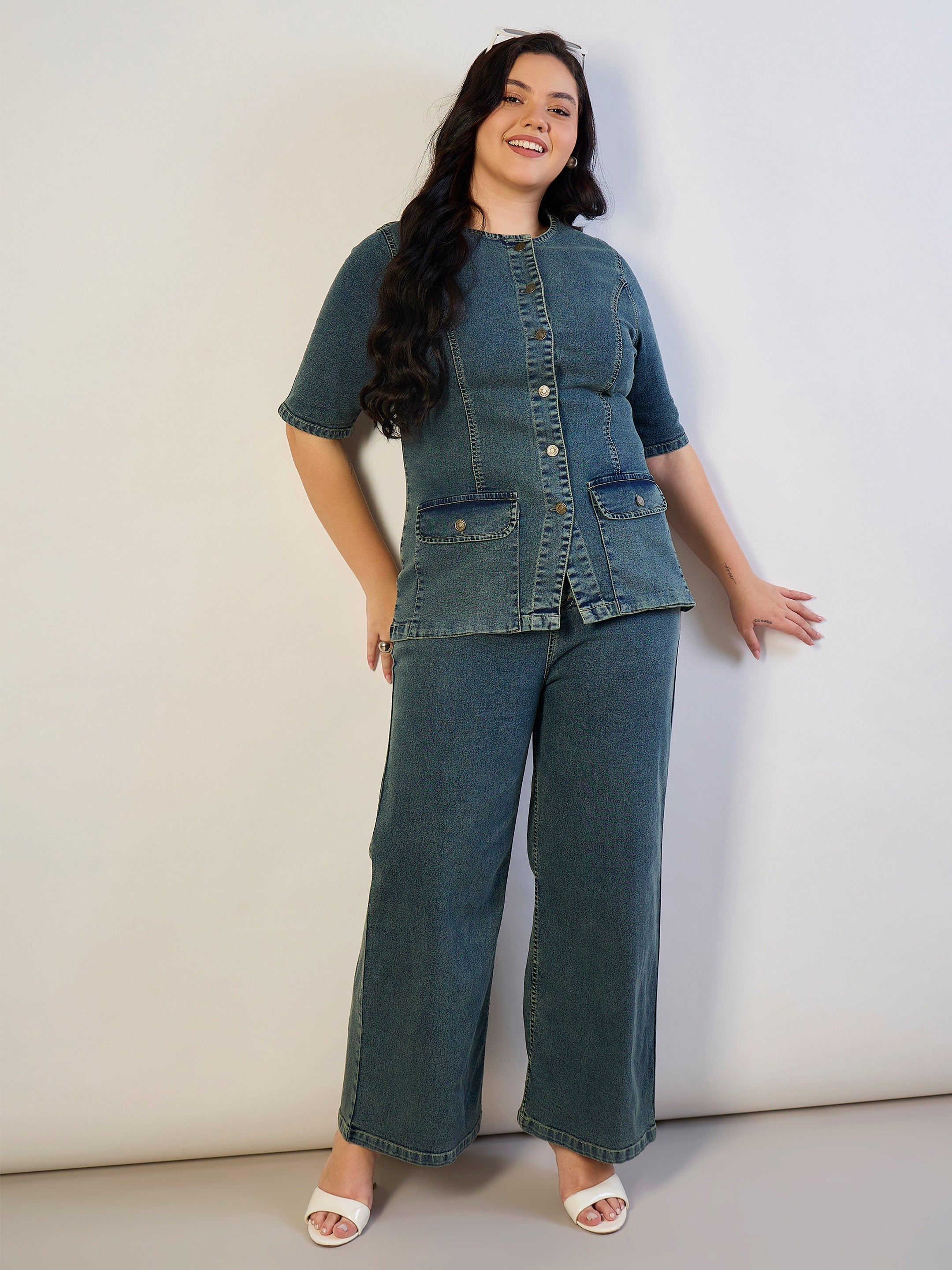 Women Olive Wash Denim Button Top With Jeans-SFSETS96565