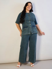 Women Olive Wash Denim Button Top With Jeans-SFSETS96565