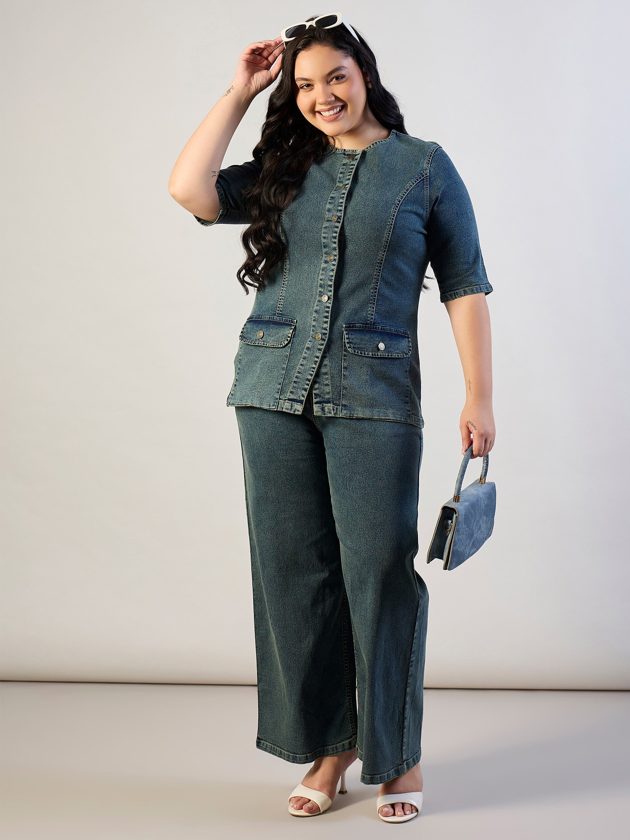 Women Olive Wash Denim Button Top With Jeans-SFSETS96565