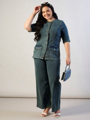 Women Olive Wash Denim Button Top With Jeans-SFSETS96565