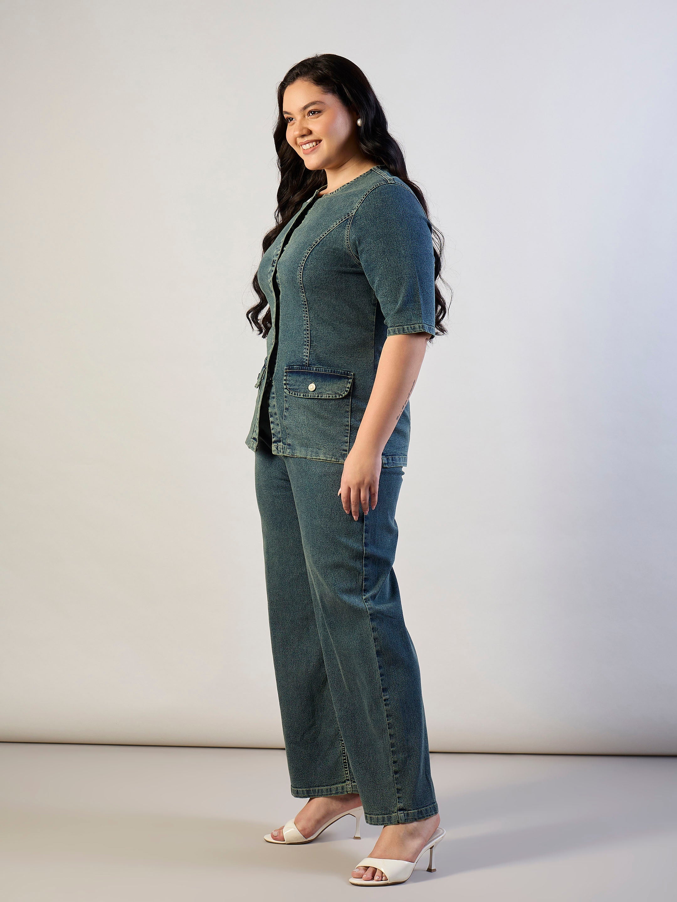 Women Olive Wash Denim Button Top With Jeans-SFSETS96565