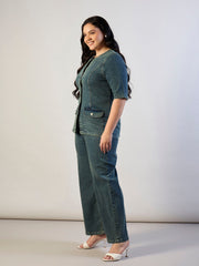 Women Olive Wash Denim Button Top With Jeans-SFSETS96565