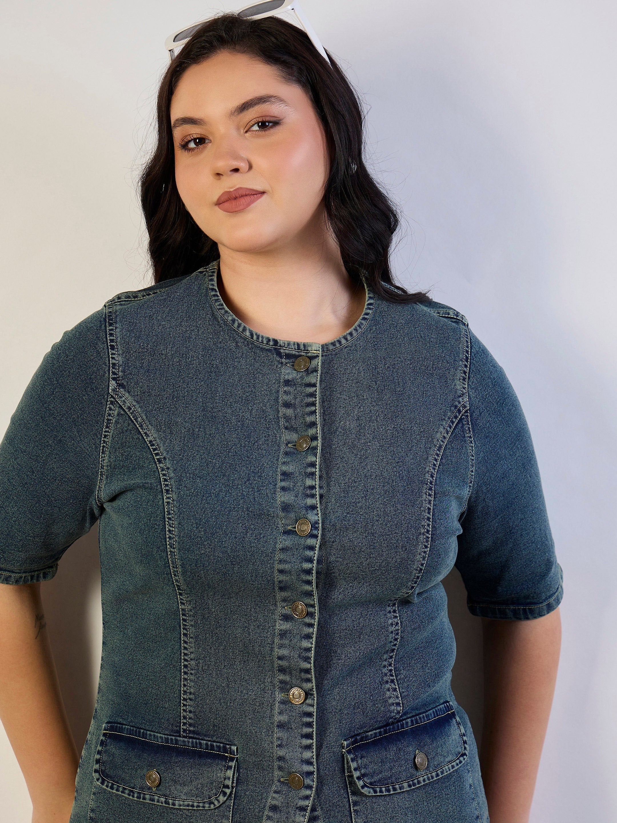 Women Olive Wash Denim Button Top With Jeans-SFSETS96565