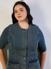 Women Olive Wash Denim Button Top With Jeans-SFSETS96565