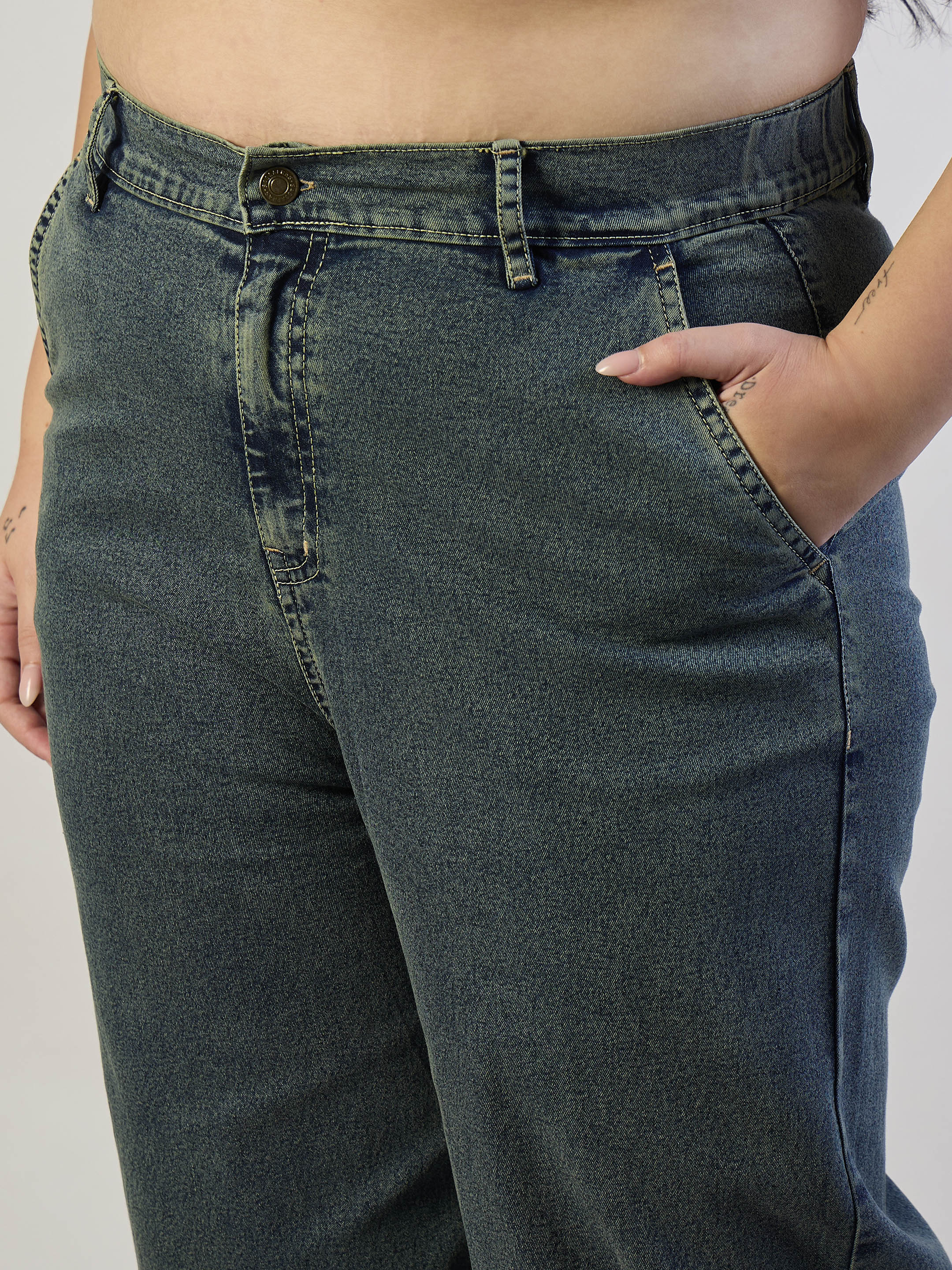 Women Olive Wash Denim Button Top With Jeans-SFSETS96565