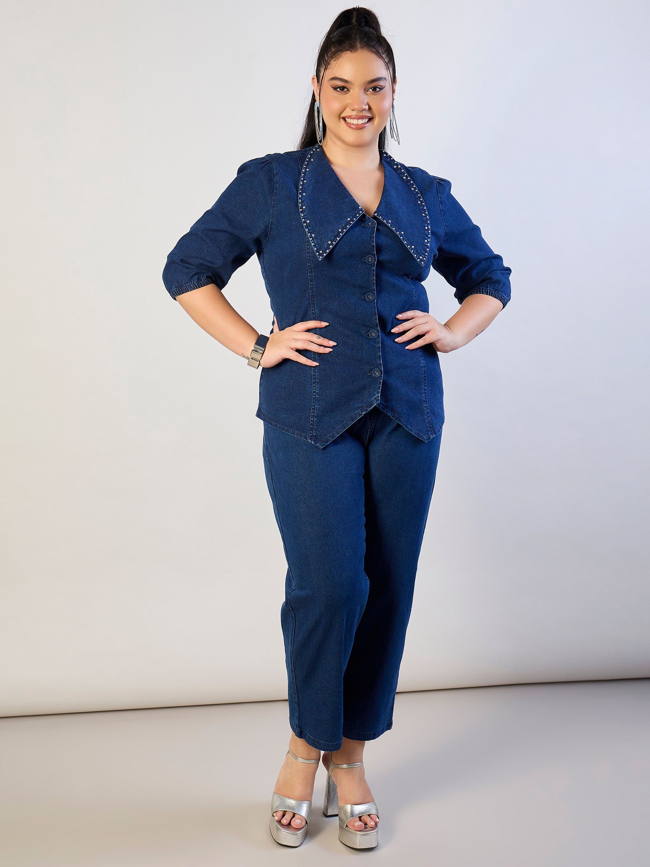 Women Blue Blast Denim Peter Pan Top With Mom Fit Jeans-SFSETS96566