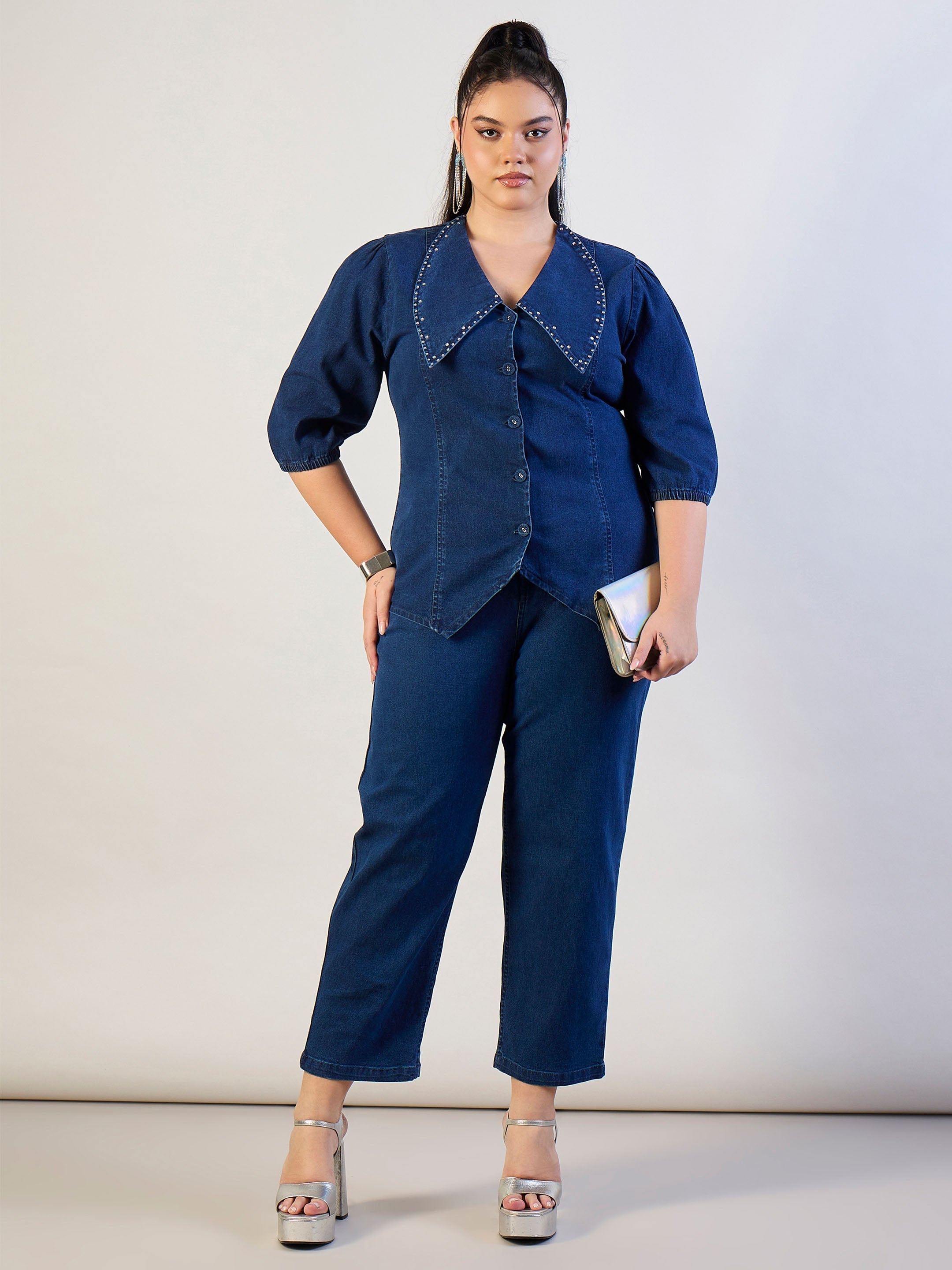 Women Blue Blast Denim Peter Pan Top With Mom Fit Jeans-SFSETS96566