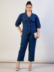 Women Blue Blast Denim Peter Pan Top With Mom Fit Jeans-SFSETS96566