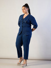 Women Blue Blast Denim Peter Pan Top With Mom Fit Jeans-SFSETS96566