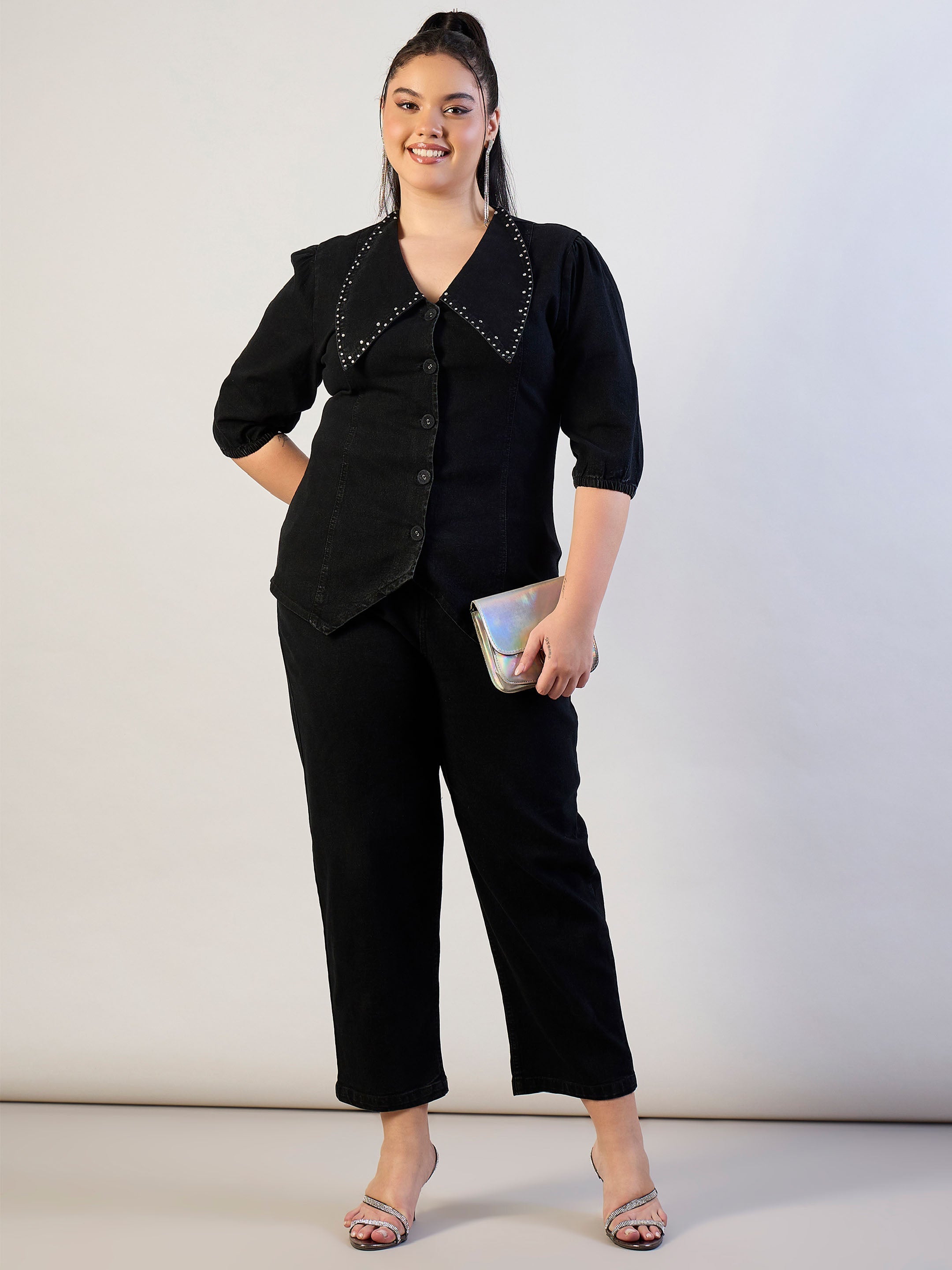Women Jet Black Denim Peter Pan Top With Mom Fit Jeans-SFSETS96567