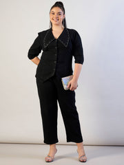 Women Jet Black Denim Peter Pan Top With Mom Fit Jeans-SFSETS96567
