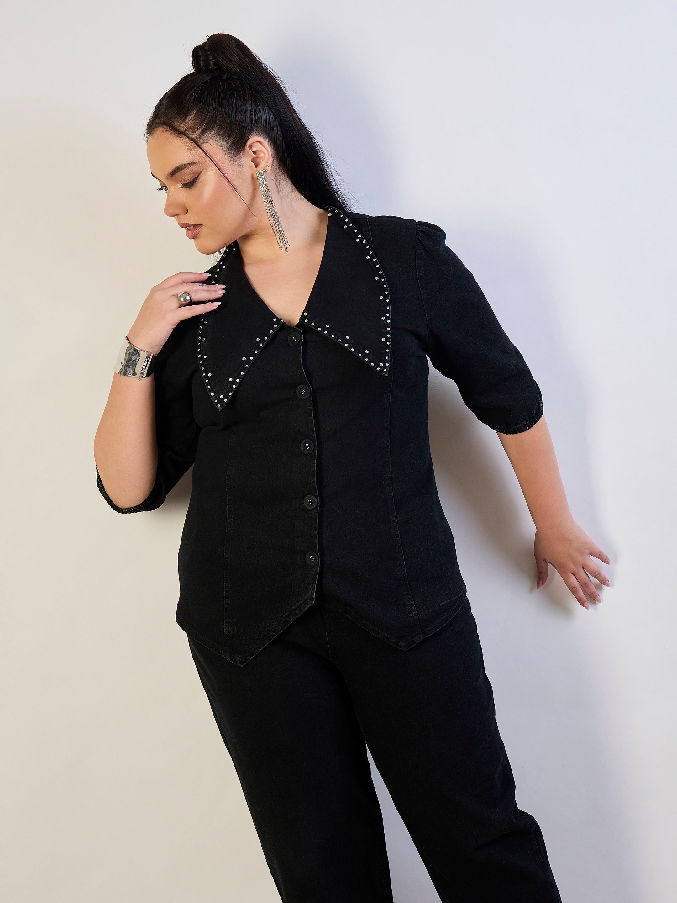 Women Jet Black Denim Peter Pan Top With Mom Fit Jeans-SFSETS96567