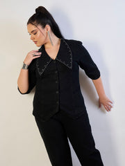 Women Jet Black Denim Peter Pan Top With Mom Fit Jeans-SFSETS96567