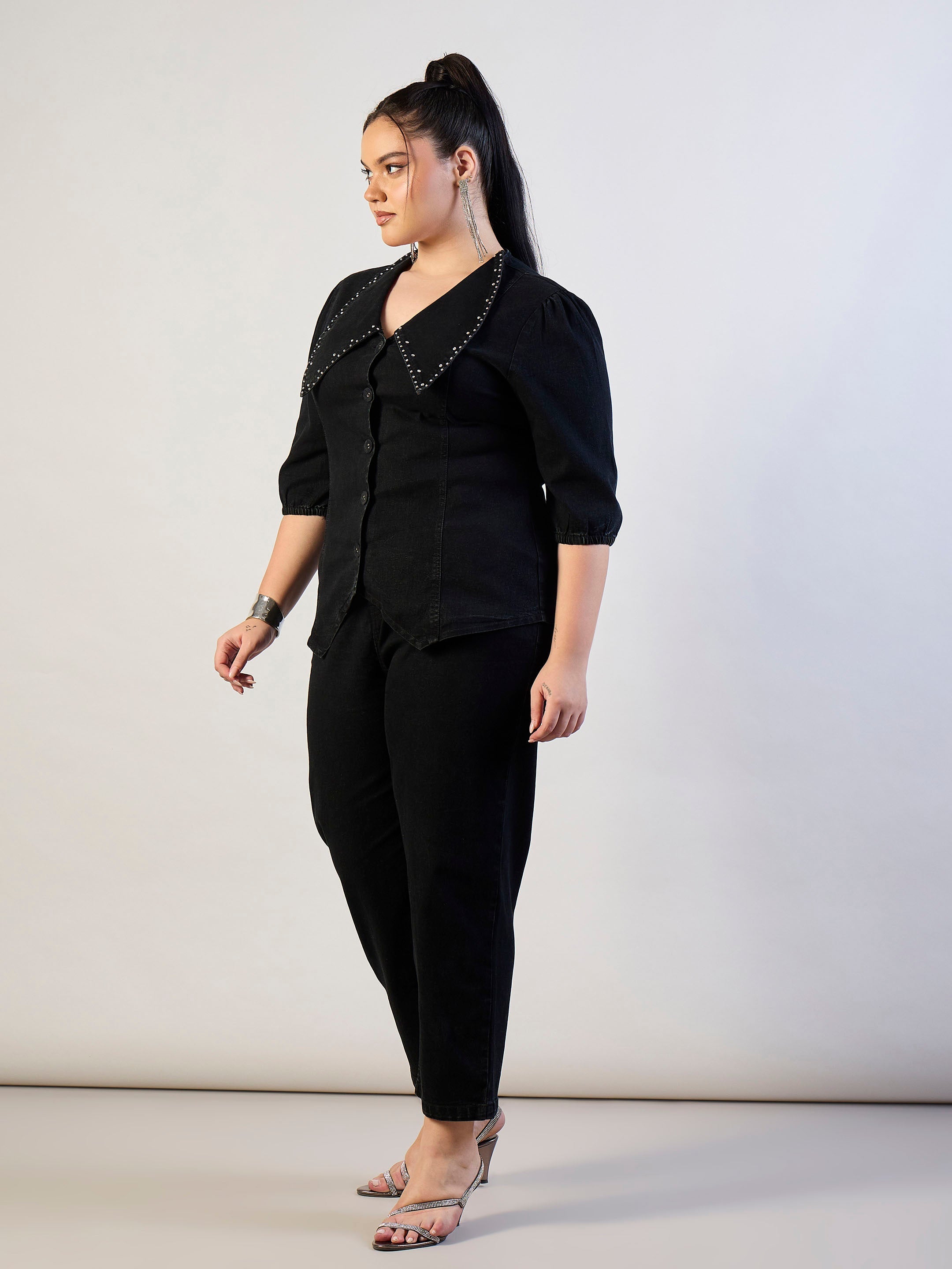 Women Jet Black Denim Peter Pan Top With Mom Fit Jeans-SFSETS96567