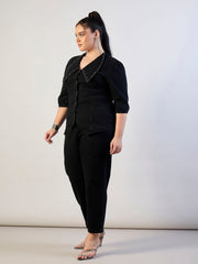Women Jet Black Denim Peter Pan Top With Mom Fit Jeans-SFSETS96567