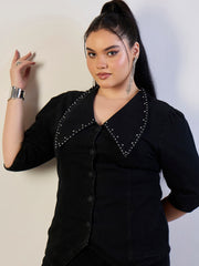 Women Jet Black Denim Peter Pan Top With Mom Fit Jeans-SFSETS96567